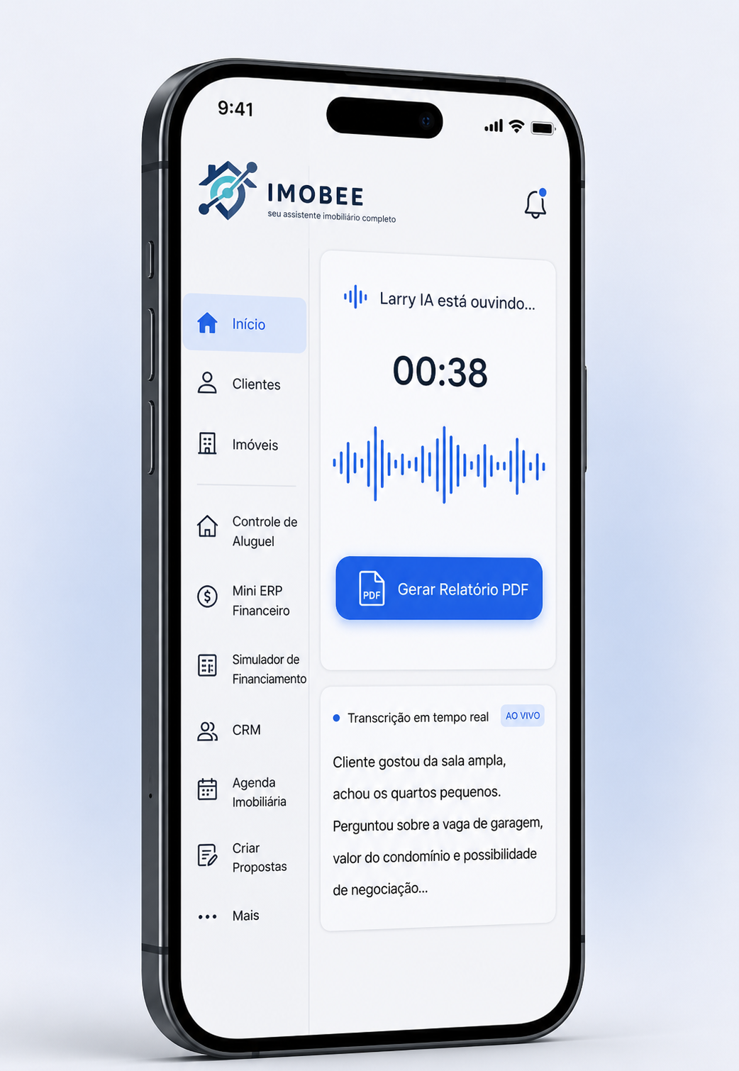 IMOBEE no celular: Larry IA transcrevendo um áudio de visita em tempo real